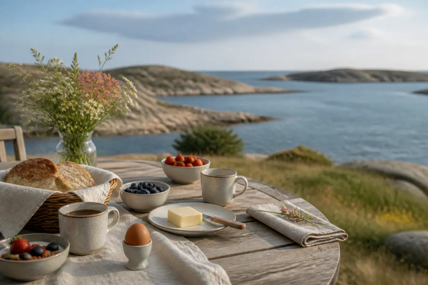 Frukost vid havet i svensk skärgårdsmiljö