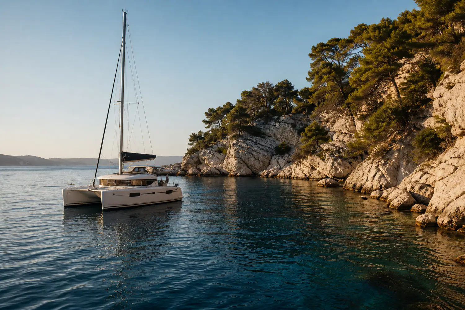 Segelkatamaran i en lugn vik i Kroatien
